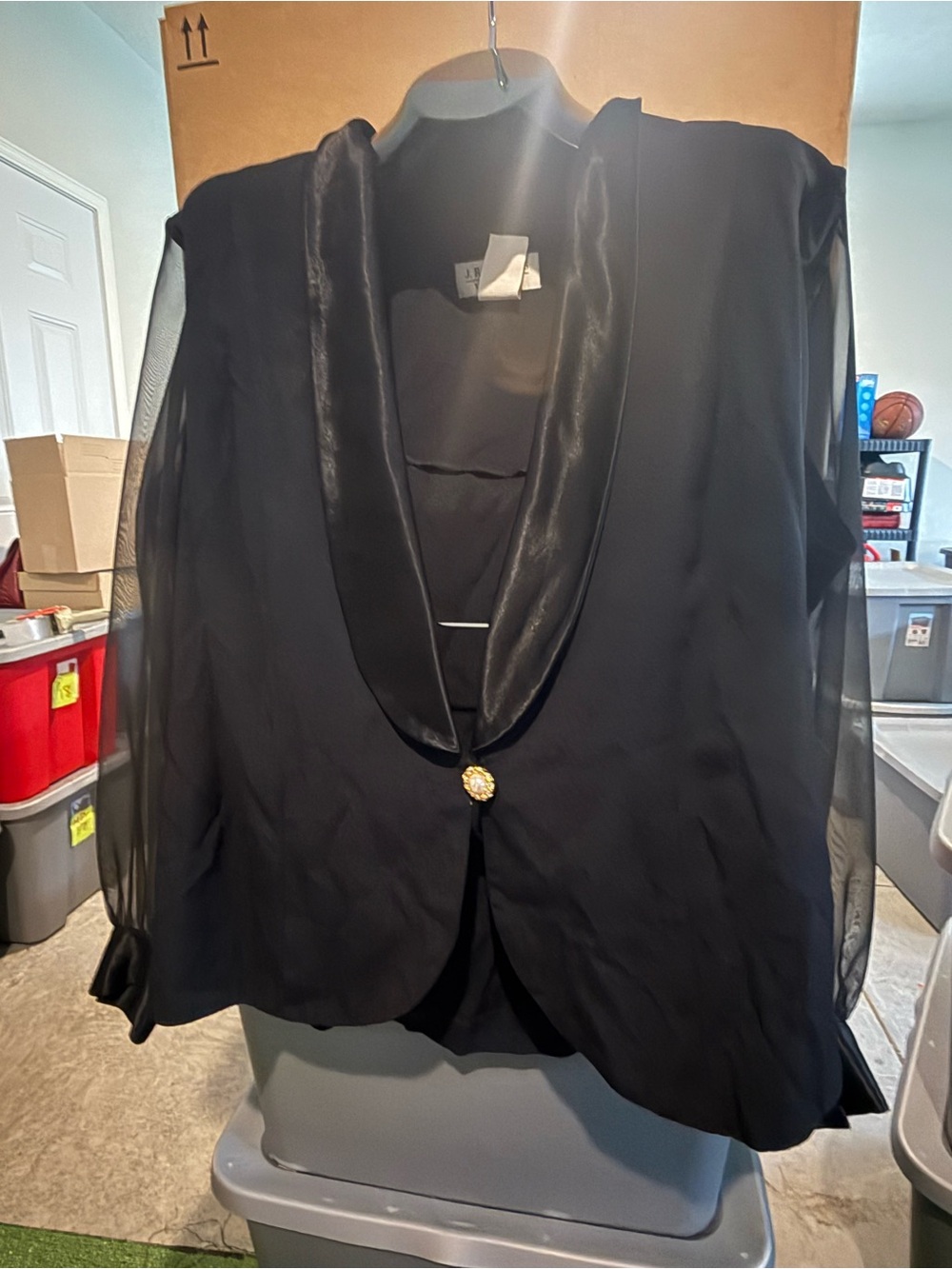 Black Sheer Sleeve Blazer with Satin Shawl Collar mp67